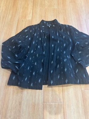 Eileen Fisher Black Jacket with Silver-Gray Ikat Motif